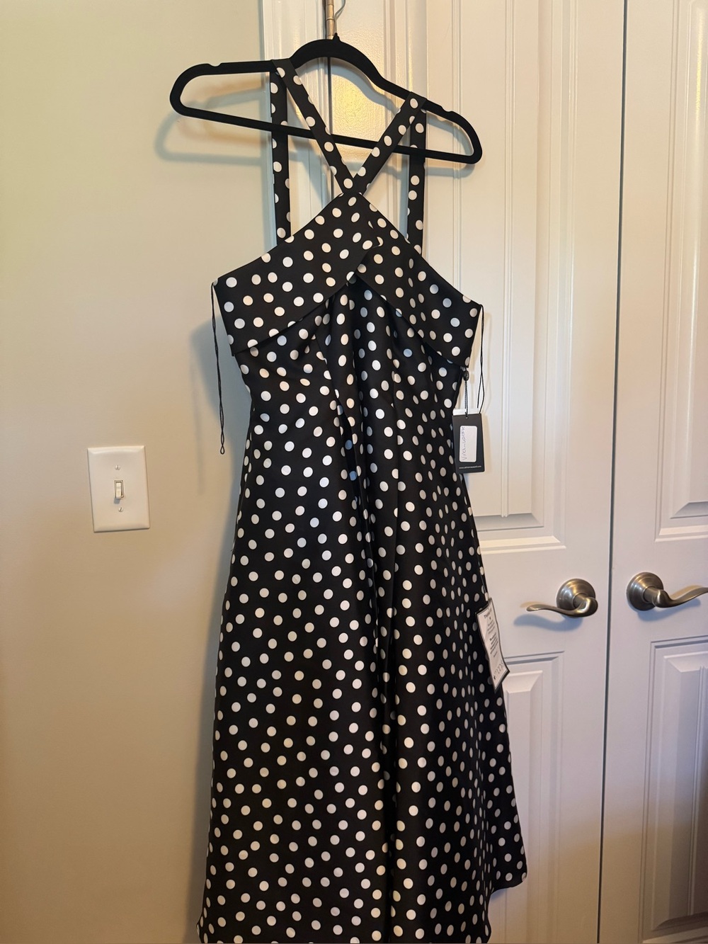 Adrianna Papell Black and White Polka Dot Crisscross Midi Dress